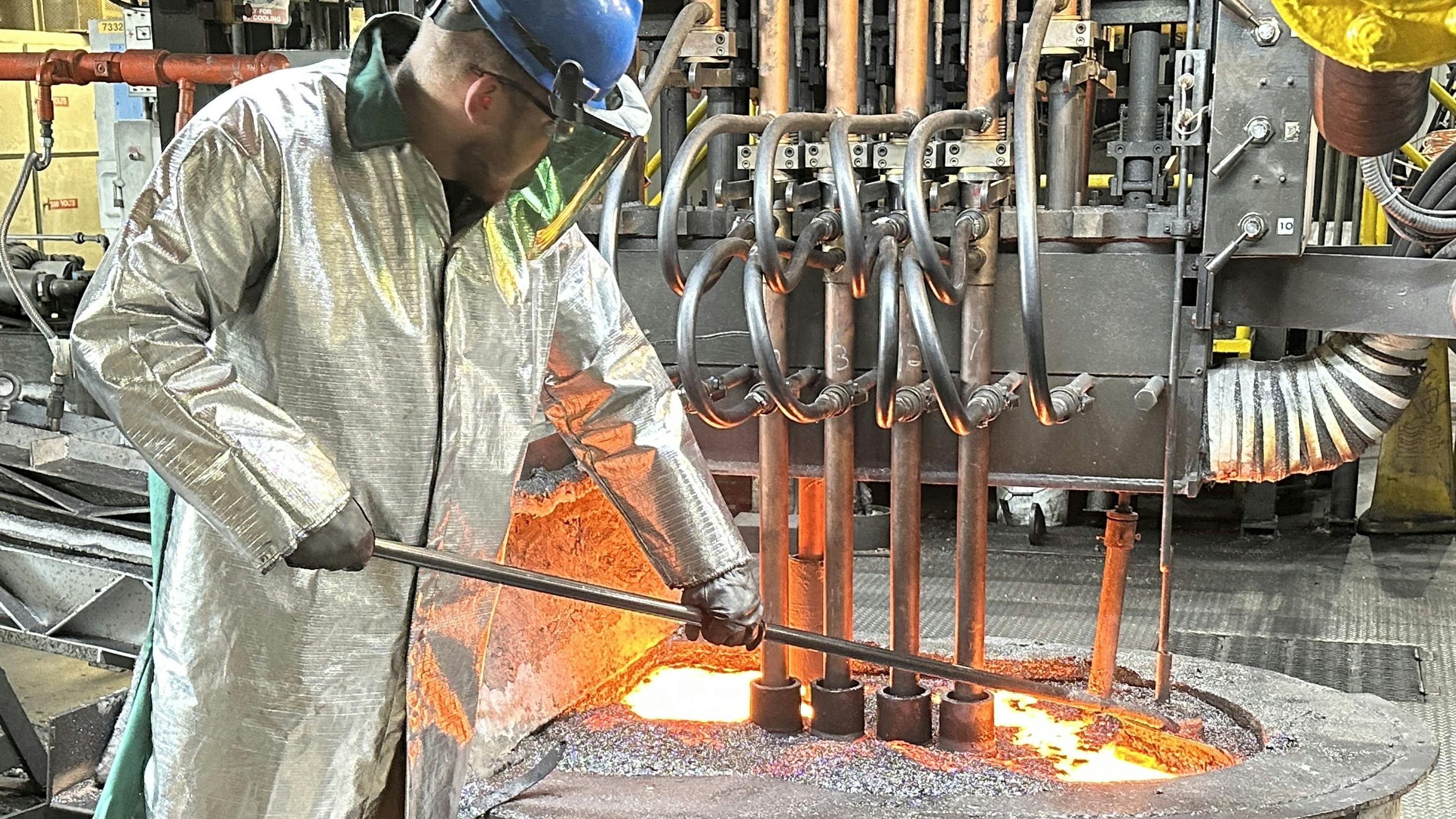 Working with molten copper at NIBCO's Stuarts Draft manufacturing facility.