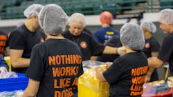Volunteers assembled nearly 300,000 nonperishable, shelf-stable meals. Volunteers assembled nearly 300,000 nonperishable, shelf-stable meals.