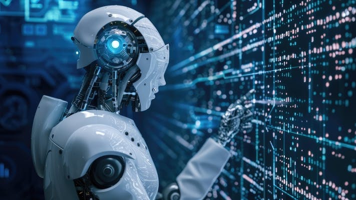 AI robot works with data via digital interface