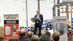 Chris Drew, President and CEO of Burnham Holdings, speaks during the opening ceremonies. Chris Drew, President and CEO of Burnham Holdings, speaks during the opening ceremonies.