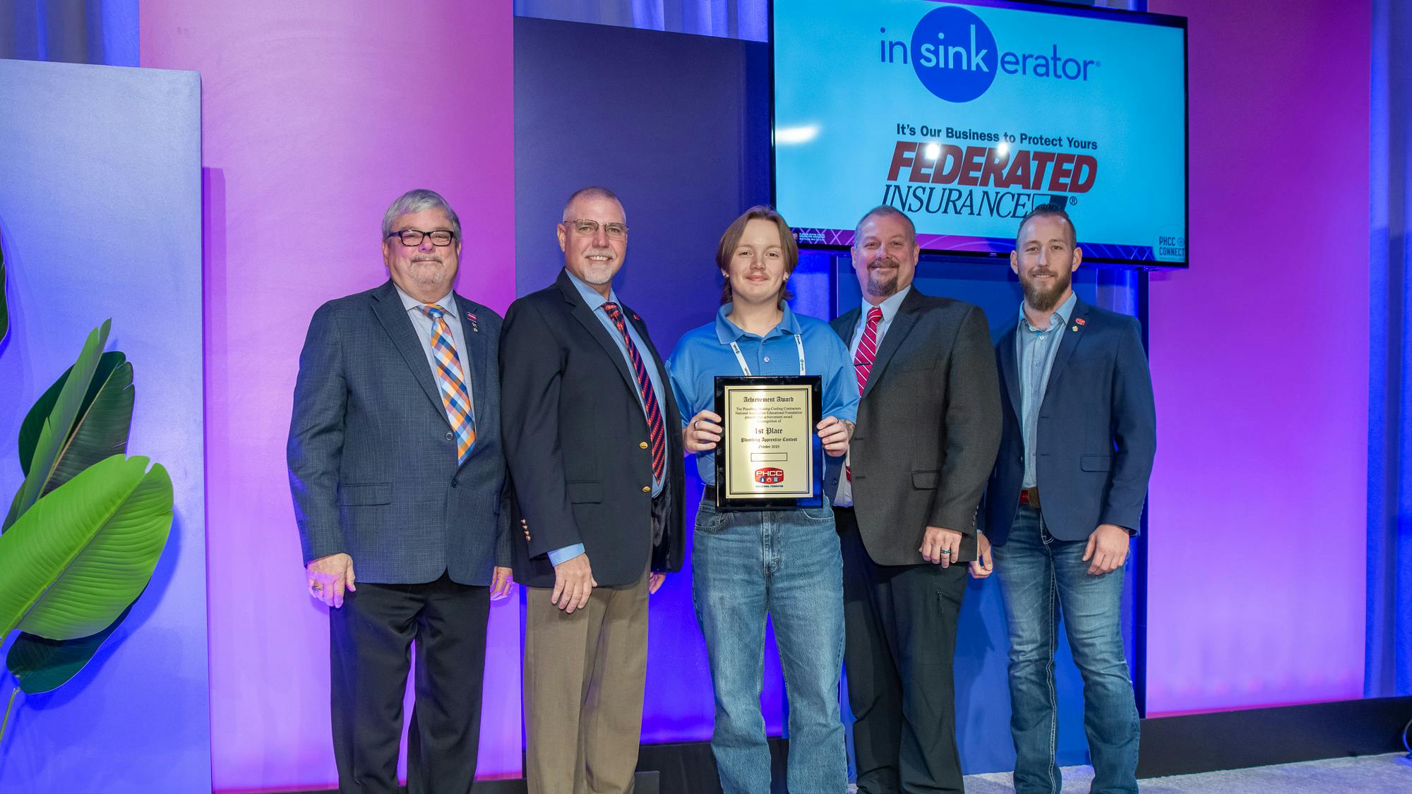 L to R - Foundation Chair Patrick Wallner, Plumbing Contest Co-Chair Larry Shoemaker, Plumbing Contest Winner Josh Vogt (First Place), Contest Co-Chair Victor Hatcher and PHCC National Secretary Tyler Arndt.