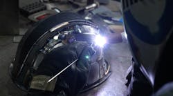 A fully welded metal hard hat created by Detroit artist Josh Welton of Brown Dog Welding. A fully welded metal hard hat created by Detroit artist Josh Welton of Brown Dog Welding.