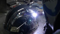 A fully welded metal hard hat created by Detroit artist Josh Welton of Brown Dog Welding. A fully welded metal hard hat created by Detroit artist Josh Welton of Brown Dog Welding.