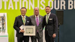 John Hazen White (center) presenting the Dan Holohan Award to Kang Ho Lee (left), Chairman of Taejin Fluid Technology. John Hazen White (center) presenting the Dan Holohan Award to Kang Ho Lee (left), Chairman of Taejin Fluid Technology.