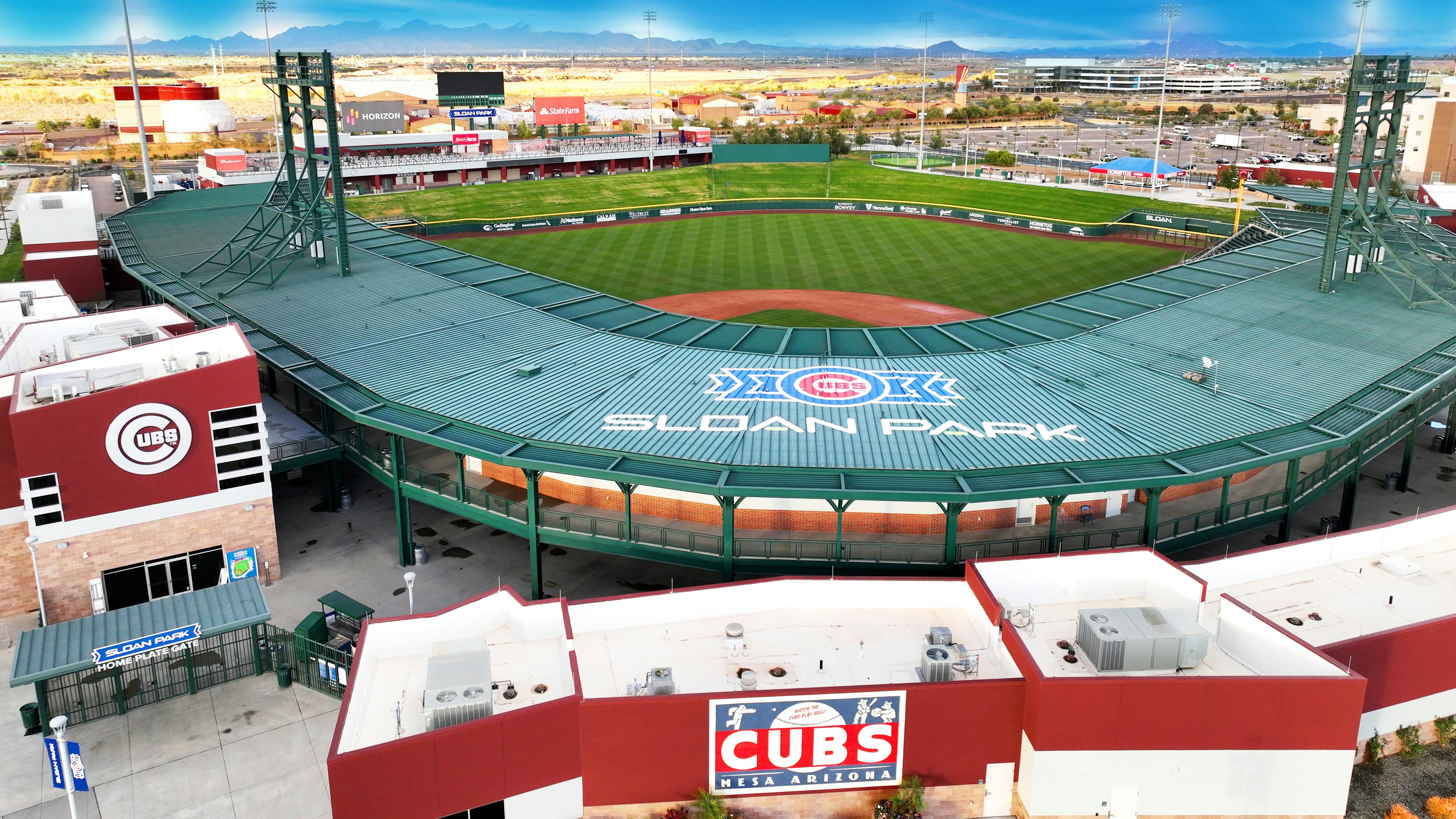 An aerial view of Sloan Park in Mesa, AZ.