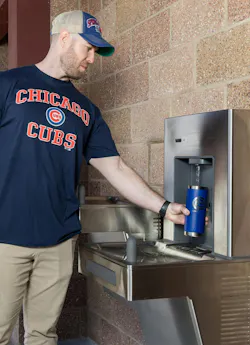 A fan at a bottle filler. A fan at a bottle filler.