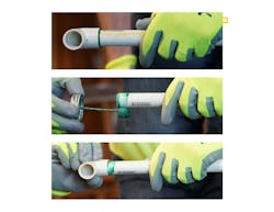 Joining sections of CPVC pipe using solvent cement. Joining sections of CPVC pipe using solvent cement.