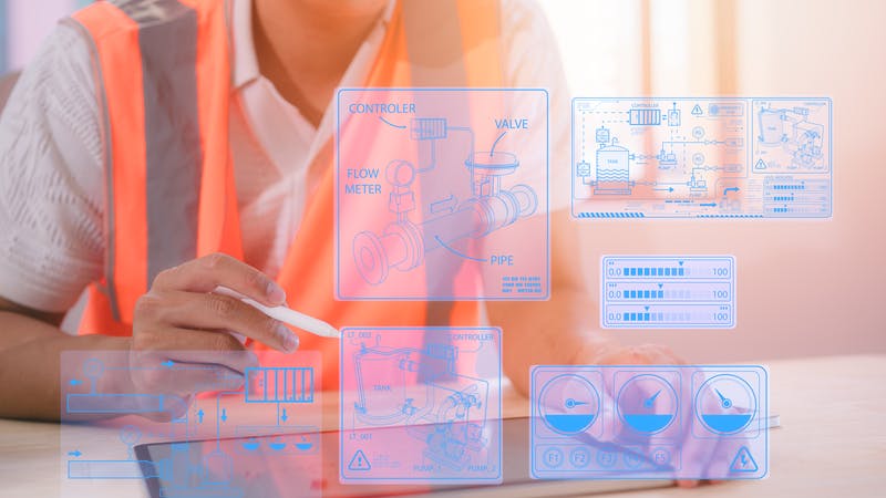 An engineer working on site with icon of work safety tools on concept of workplace safety.