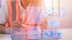 An engineer working on site with icon of work safety tools on concept of workplace safety. An engineer working on site with icon of work safety tools on concept of workplace safety.