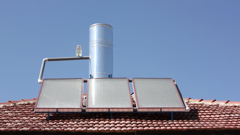 Roof-mounted solar water heating system.