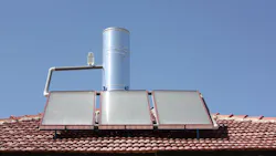 Roof-mounted solar water heating system. Roof-mounted solar water heating system.