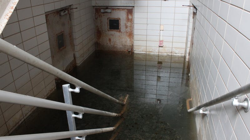Flooded Basement with Deep Murky Water and Rusty Doors