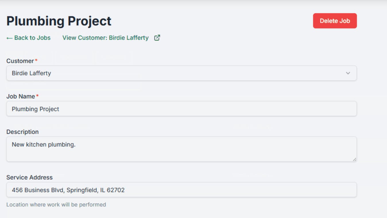 A plumbing project window in Service Invoice Pro.