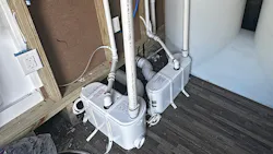 The Sanicom 1 drain pump drains gray water from washing machines into a storage tank, whose cleanout pipe empties into the city sewage system. The Sanicom 1 drain pump drains gray water from washing machines into a storage tank, whose cleanout pipe empties into the city sewage system.