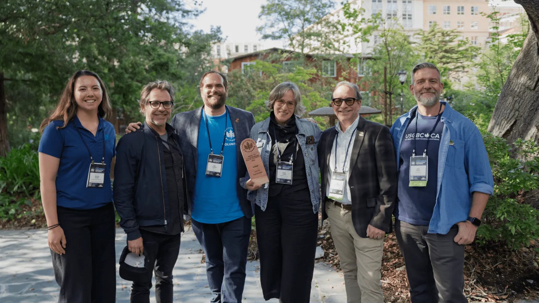 (L to R): Geneva Gondak, EBMUD; Mark Myers, Project Architect; Ben Stapleton, USGBC-CA; Karen Curtiss, Principal, Red Dot Studio and Red Dot Ranch; Colin Mangham, USGBC-CA; Kyle Pickett, USGBC-CA.