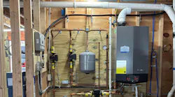 The wall-hung boiler with circulators, venting and expansion tank.
