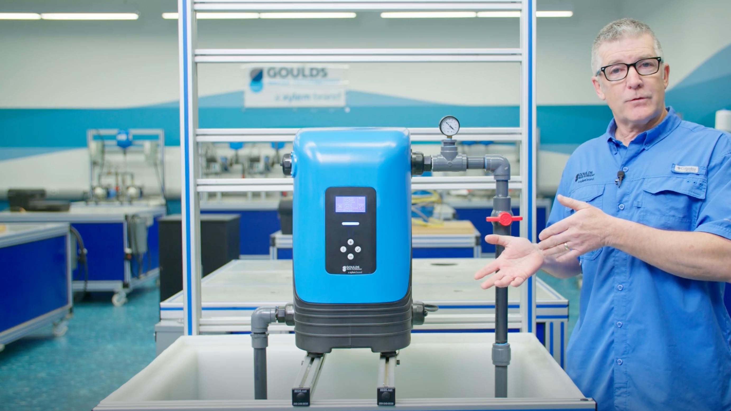 Tom Stephan describes the features of Goulds Water Technology's AquaCase, an advanced all-in-one pressure boosting system, in a training video.