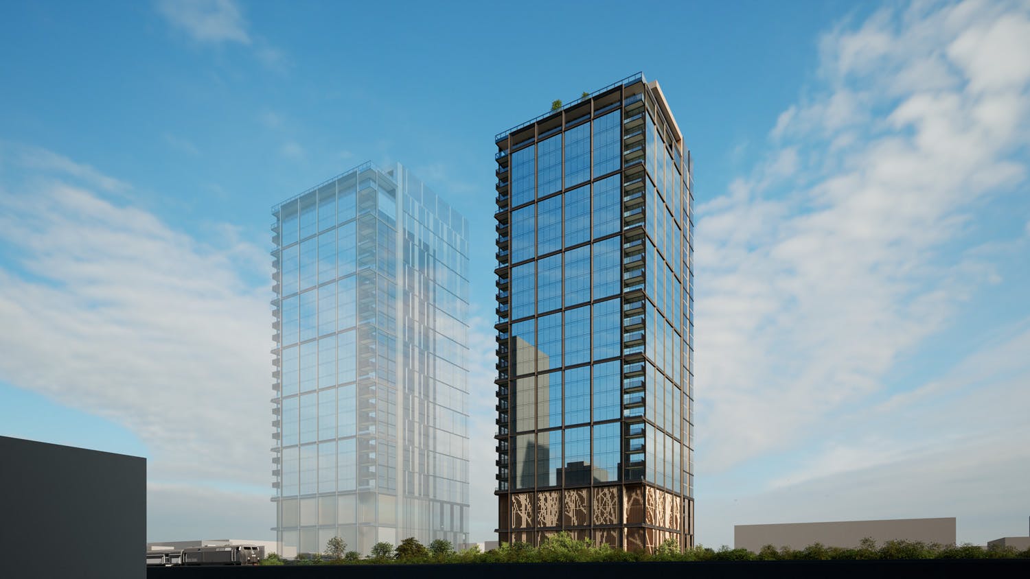 A rendering of the planned 33-story building which will be the city&rsquo;s first all-electric, geothermal multifamily high-rise.