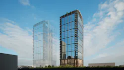 A rendering of the planned 33-story building which will be the city’s first all-electric, geothermal multifamily high-rise.