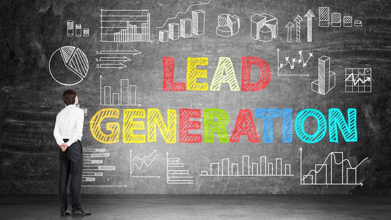 businessman looking at LEAD GENERATION chalk art