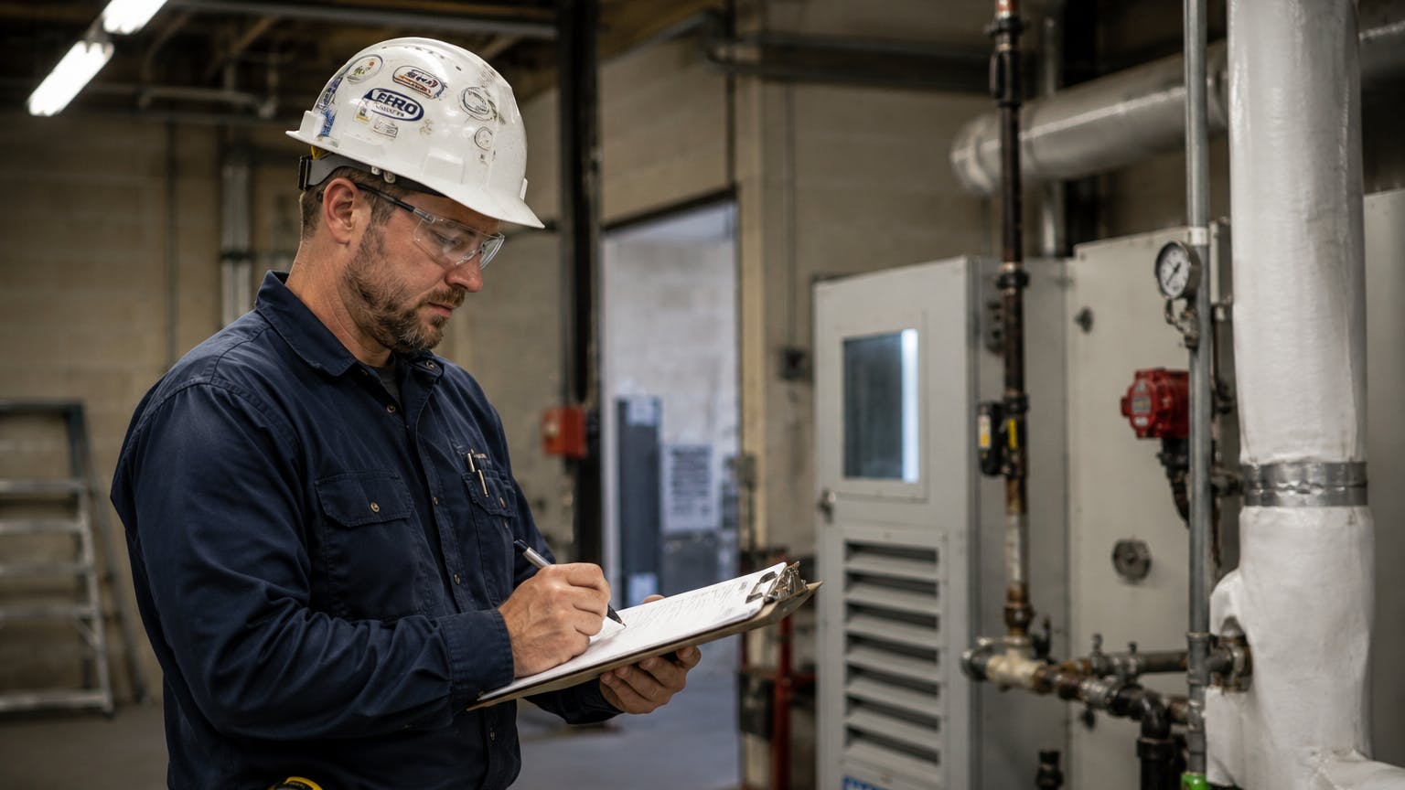 project manager in a mechanical room with clipboard