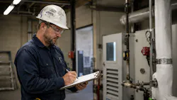 project manager in a mechanical room with clipboard