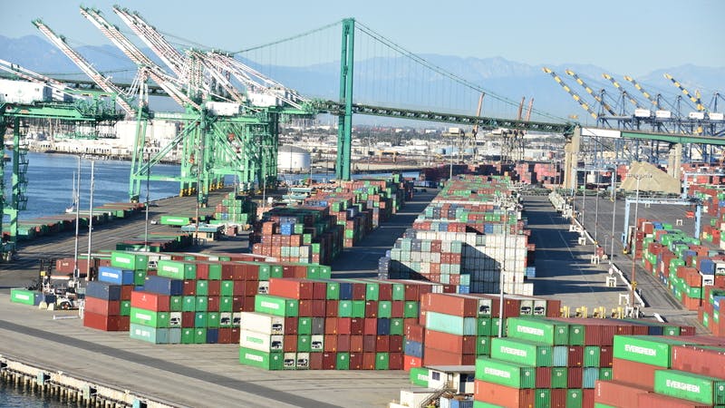 Stacked shipping containers at the Port of Los Angeles.