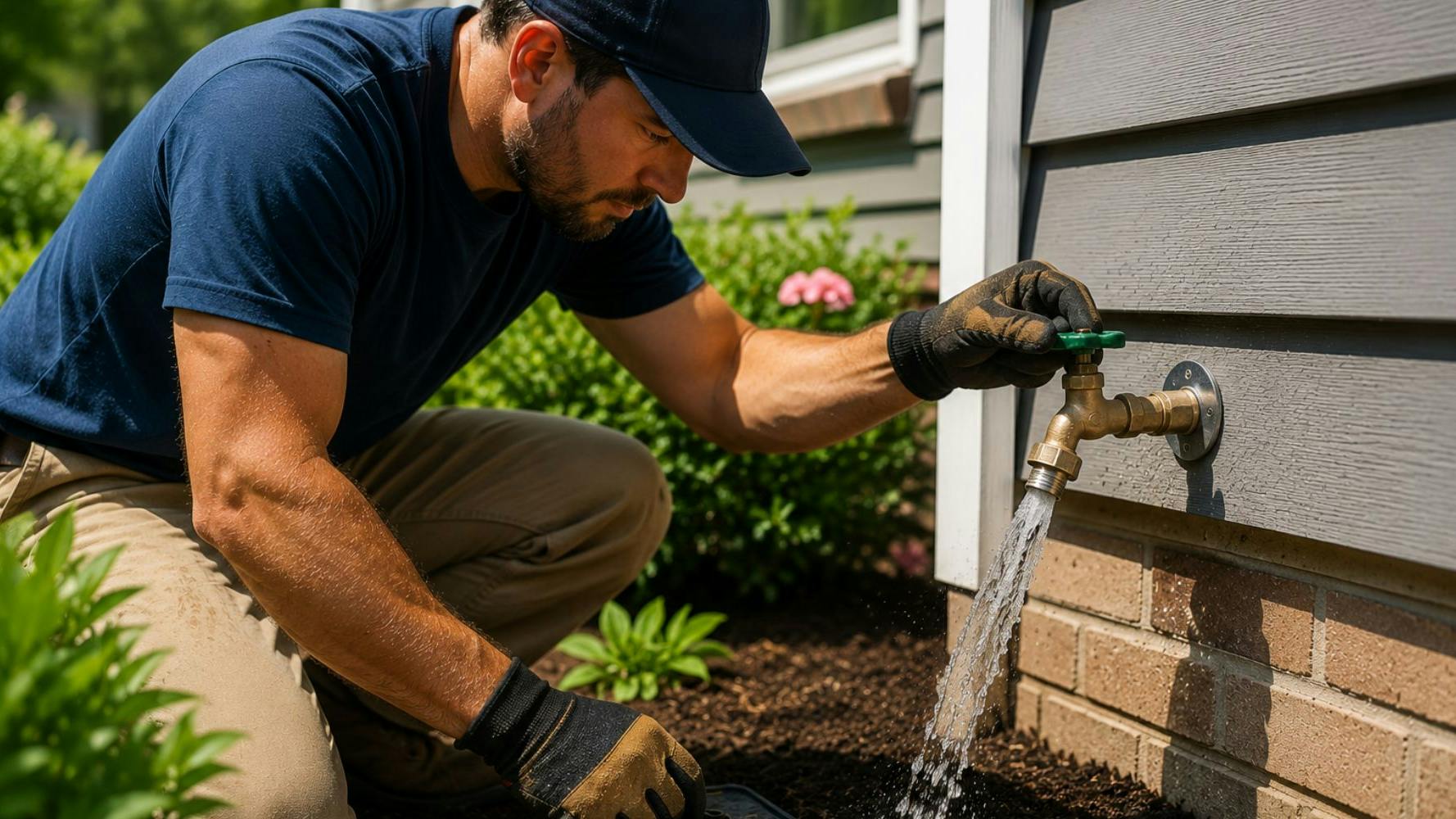 Plumber inpsecting a frost-free hose bibb