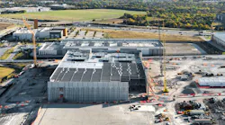 Aerial view of large industrial Data center construction site.