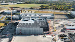 Aerial view of large industrial Data center construction site.