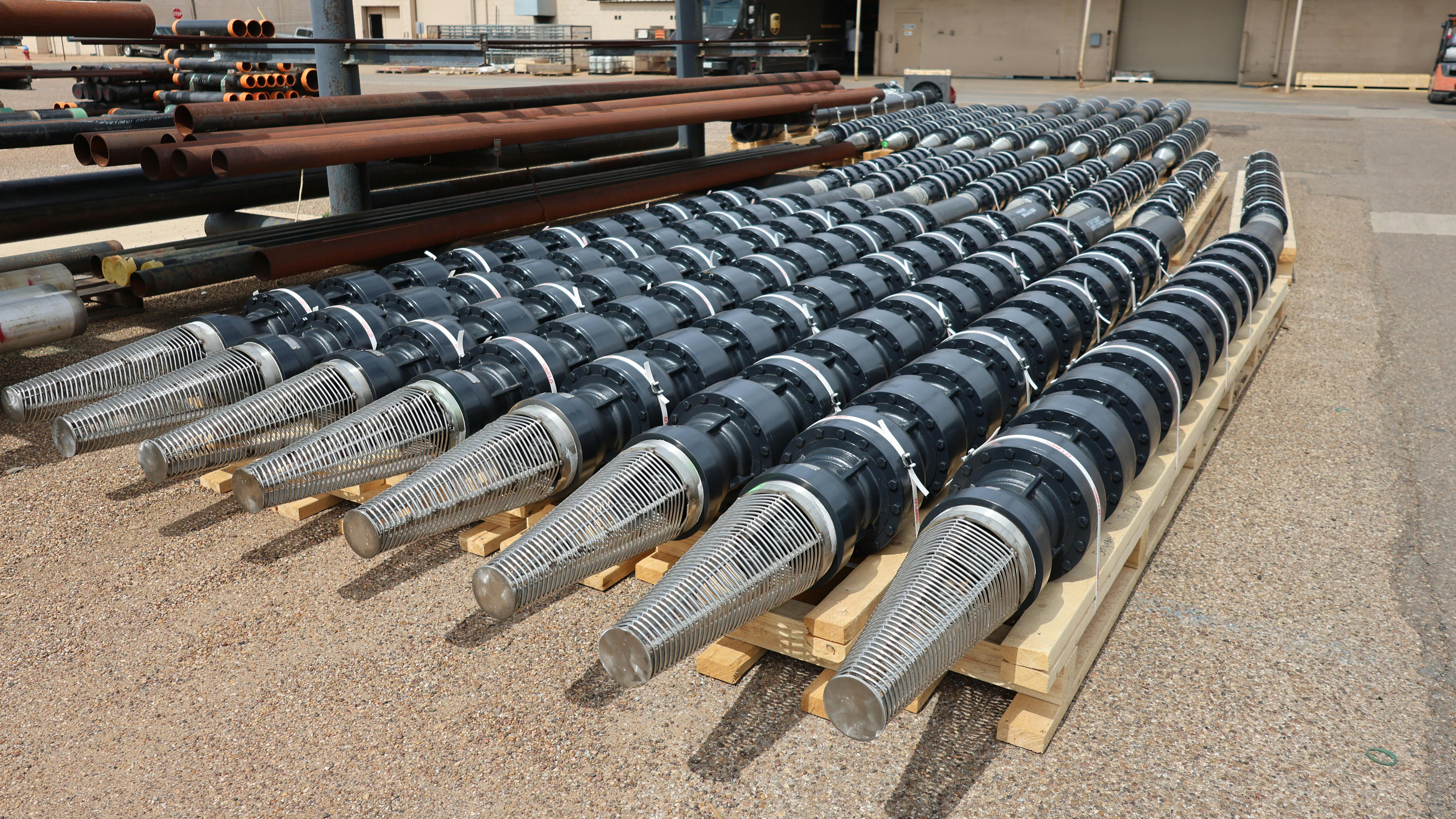 High-efficiency vertical turbine pump bowl assemblies ready for installation.