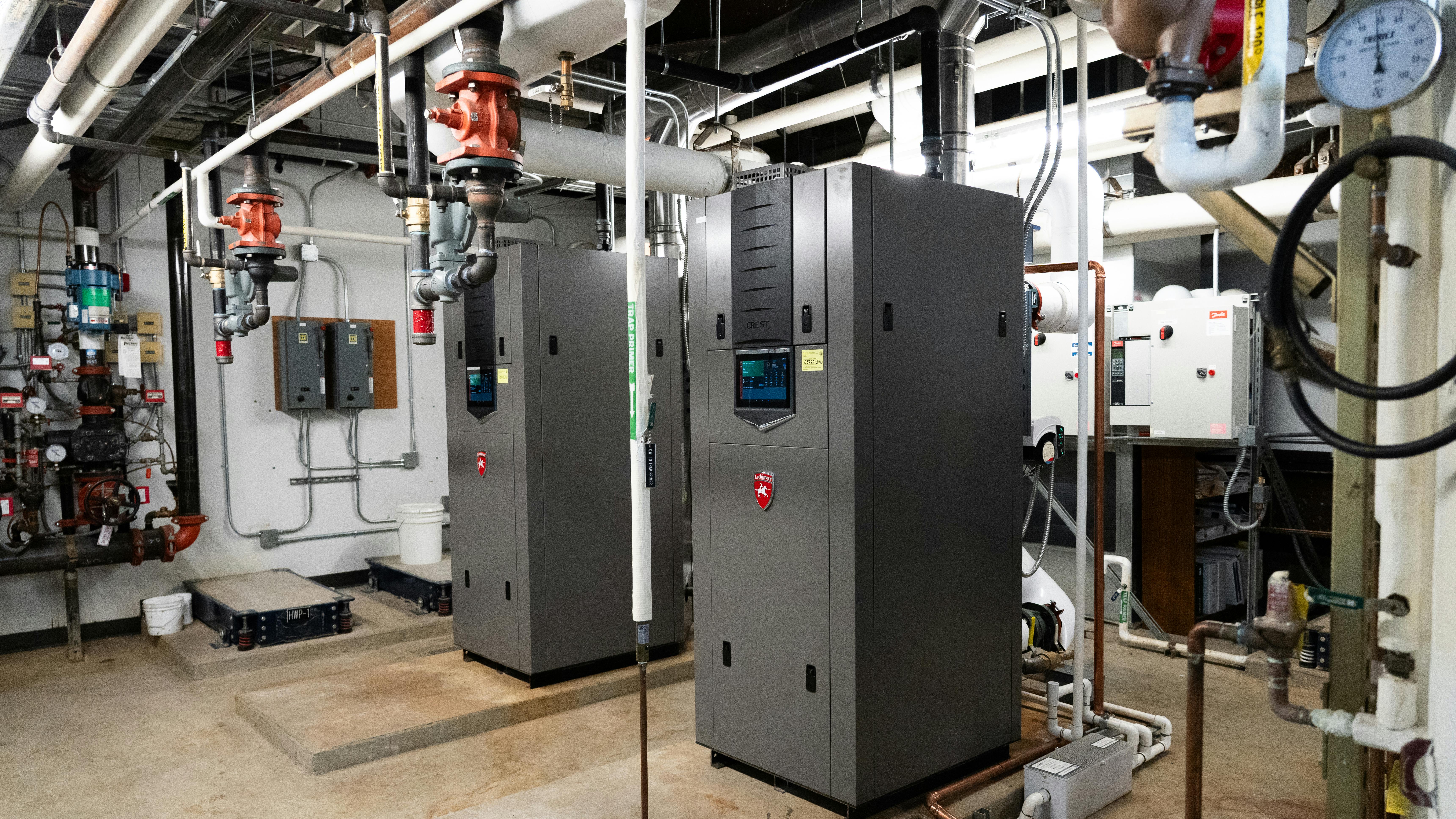 Crest with Hellcat boilers in the mechanical room at the Tacoma Art Museum (TAM).