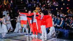 The Medalists of the 'Plumbing and Heating' Skill, Left/Silver: Marcel Riener, Center/Gold: Matthias Steiner, Right/Bronze: Xiaorui Zhang.