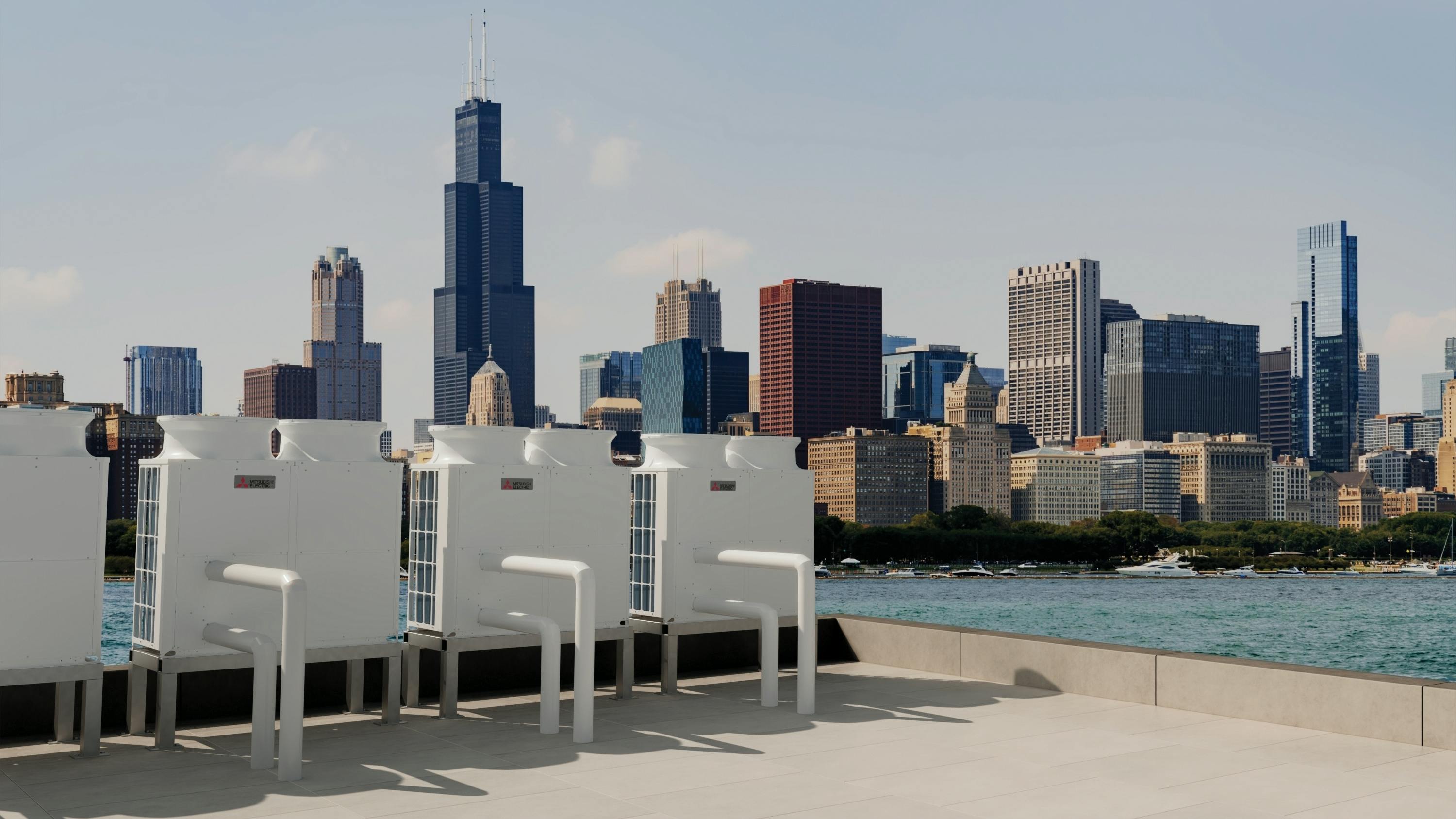 Rooftop installation featuring multiple Mitsubishi Electric ecodanPro CAHVs overlooking the Chicago skyline