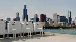 Rooftop installation featuring multiple Mitsubishi Electric ecodanPro CAHVs overlooking the Chicago skyline