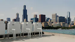 Rooftop installation featuring multiple Mitsubishi Electric ecodanPro CAHVs overlooking the Chicago skyline