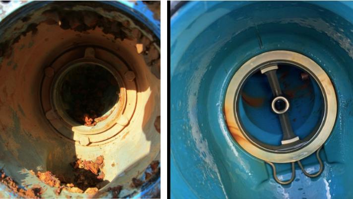 The results of the field study completed in 2022 show a comparison between the effects of corrosion after five years with a standard coating (left) versus the ArmorTek coating (right) on a backflow preventer.