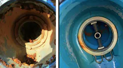 The results of the field study completed in 2022 show a comparison between the effects of corrosion after five years with a standard coating (left) versus the ArmorTek coating (right) on a backflow preventer.