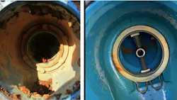 The results of the field study completed in 2022 show a comparison between the effects of corrosion after five years with a standard coating (left) versus the ArmorTek coating (right) on a backflow preventer.