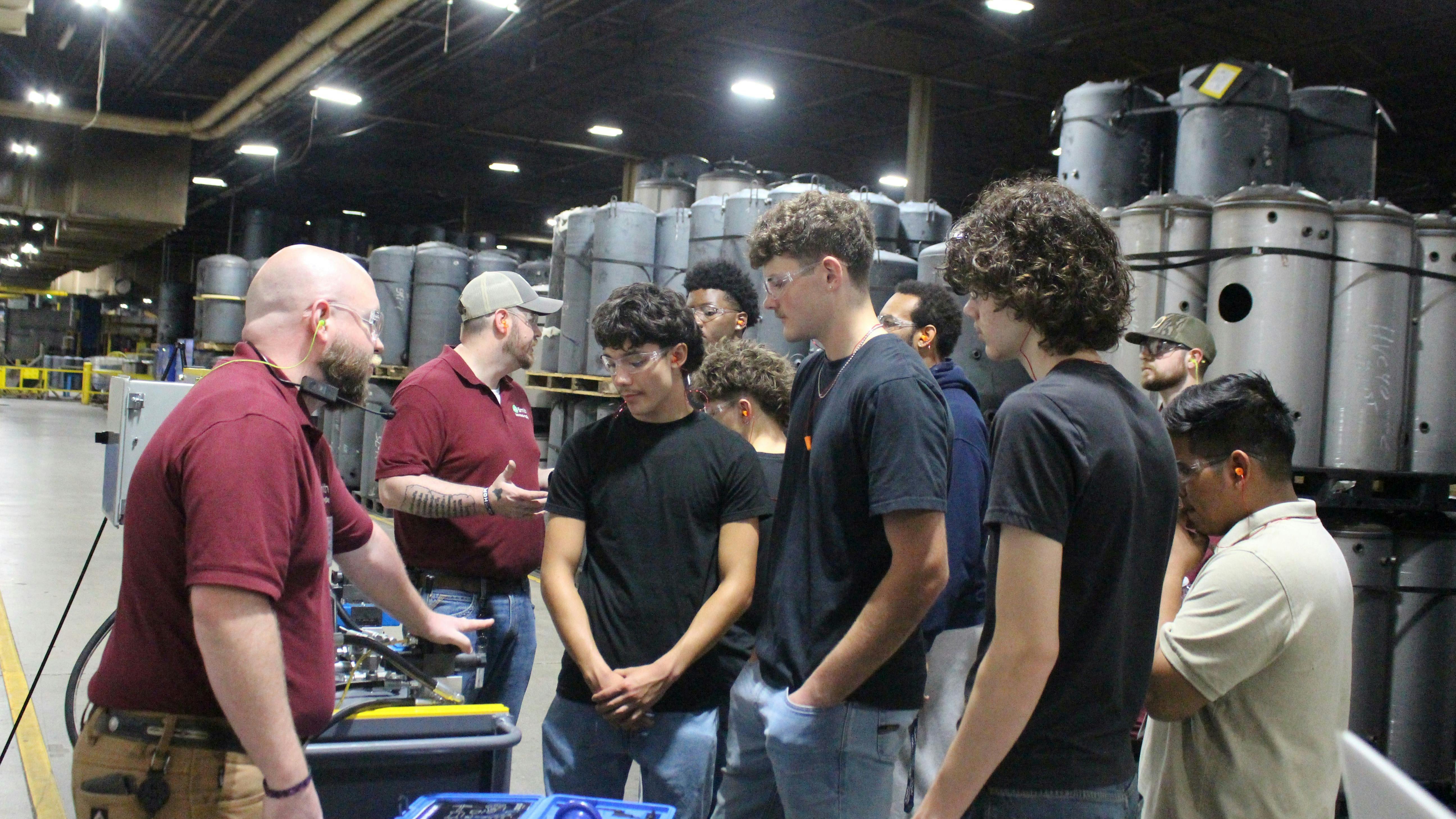 Students participate in an interactive session at the A. O. Smith factory tour in McBee, SC.