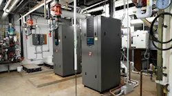 A modern boiler room with thew Lochinvar CREST boilers offering Hellcat combustion technology.