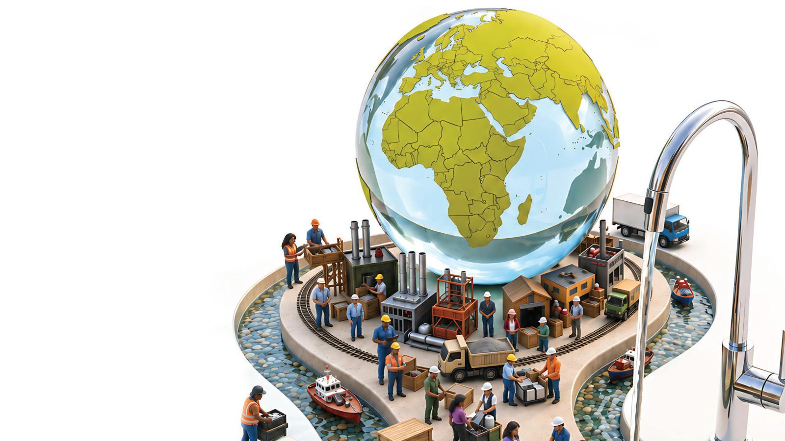 a detail from the cover of PMIs Annual Report, 'It Takes a Global Village to Deliver a Plumbing Product.'