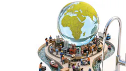 a detail from the cover of PMIs Annual Report, 'It Takes a Global Village to Deliver a Plumbing Product.'