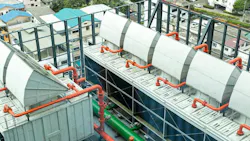 Sets of cooling towers on top of a data center building.