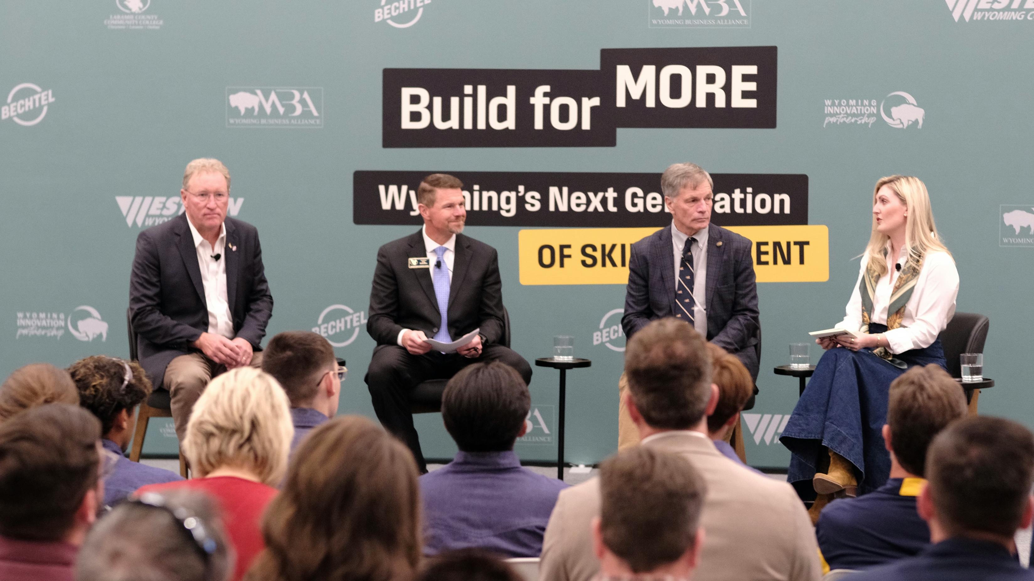 Wyoming Governor Mark Gordon, LCCC President Dr. Joe Schaffer, and Bechtel Senior Vice President Walker Kimball speak during the panel discussion.